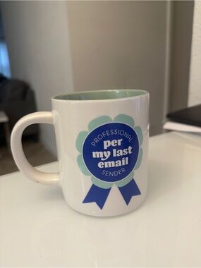 Ceramic White Coffee Mug comical with Blue Ribbon Design